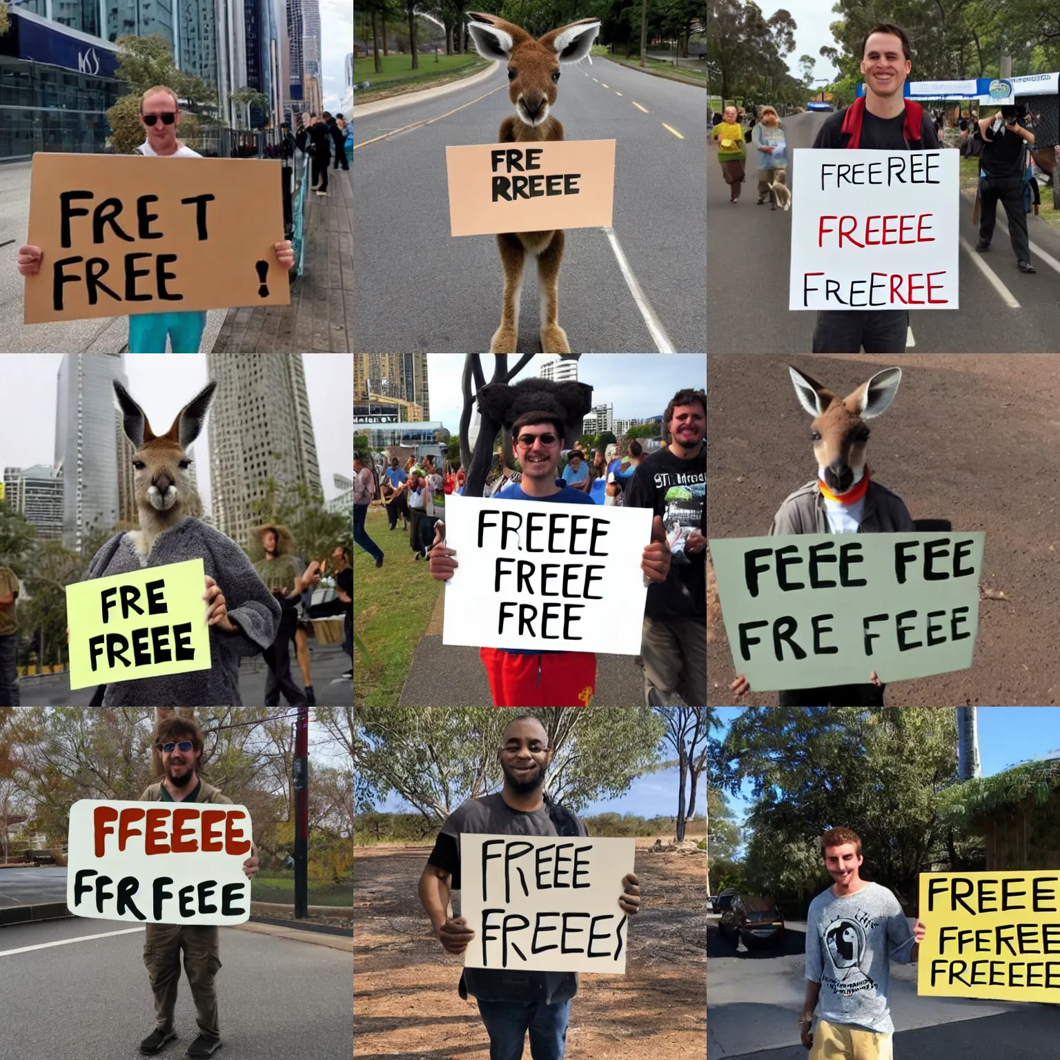 Prompt: kangaroo holding a sign that says'free ross'