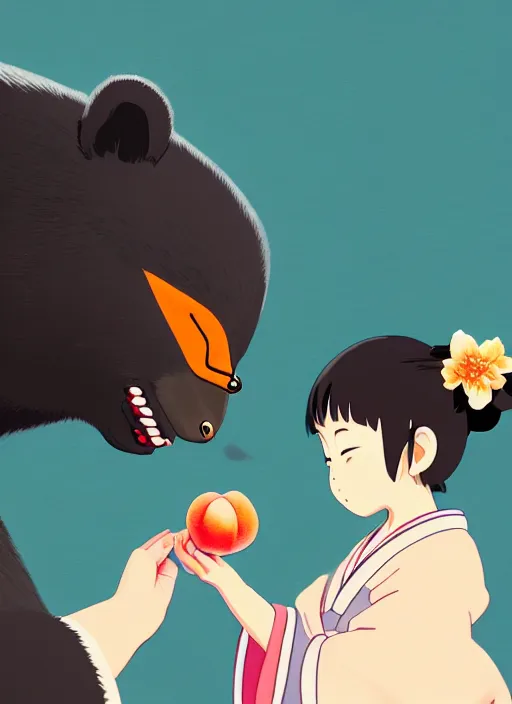 Prompt: painting of a small girl wearing a kimono giving a peach to an anthropomorphic asian black bear, close up, in the style of studio ghibli, heikala, 8 k, raw, featured in artstation, octane render, cinematic, elegant, intricate, 8 k