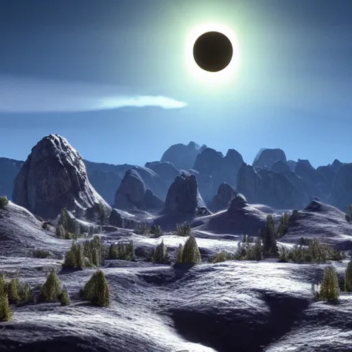 Image similar to surreal nuclear blast eclipse, small in size, rocky mountains, highly detailed, photorealistic shot, bright studio setting, studio lighting, crisp quality and light reflections, unreal engine 5, quality render