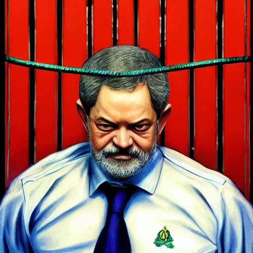 Prompt: presidente lula behind bars in jail, luiz inacio lula da silva. intricate, elegant, highly detailed, digital painting, artstation, concept art, sharp focus, illustration, by justin gerard and artgerm, 8 k