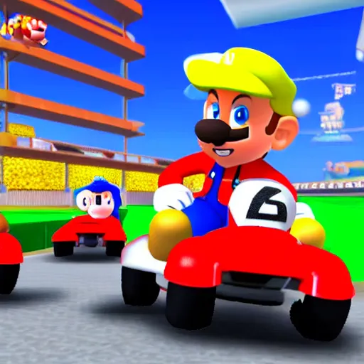 Prompt: Donald Trump is a character in Mario Kart Tour, gameplay screenshot, detalied, high rendering,