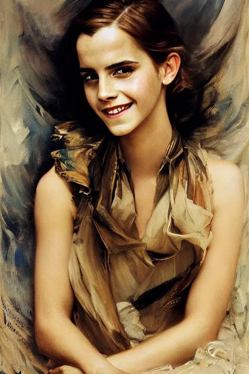 Image similar to emma watson smiling looking up detailed portrait painting by gaston bussiere craig mullins j. c. leyendecker photograph by richard avedon peter lindbergh