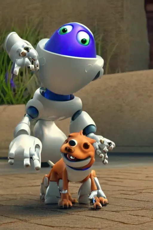 Image similar to Robot dog tries to bite its own tail. Pixar Disney render 3d animation movie Oscar winning