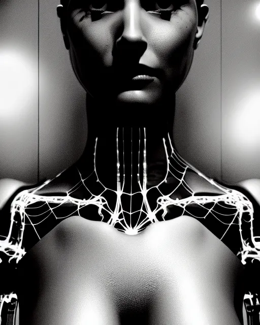 Image similar to black and white cyborg goddess high quality portrait, artificial intelligence, bio-mechanical bio-luminescence, artificial spider web, neurons, nerve cells, octane render, cinematic, hyper realism, high detail, 8k, in the style of Steven Meisel and Dora Maar and H.G. Giger