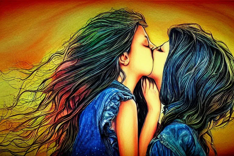 Image similar to girl kiss, fantasy, pen painting, ultra realistic!!!, hdr, clear weather, golden hour, sharp focus