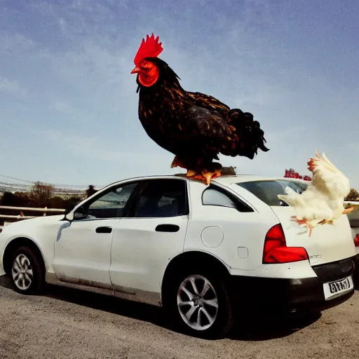 Prompt: chicken on top of a car, icon