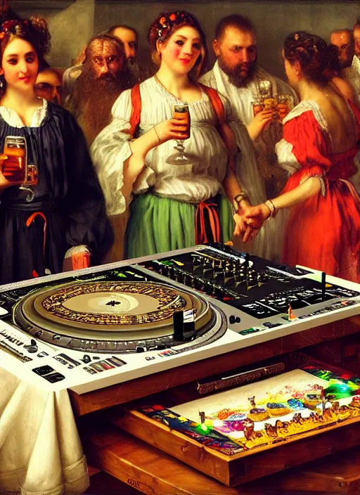 Prompt: large technics dj table octoberfest invite card, beer glasses, strudels and birthday presents surrounded by presents, realistic, highly detailed, digital illustration, trending in artstation, classical painting, smooth, sharp focus art by ilya repin