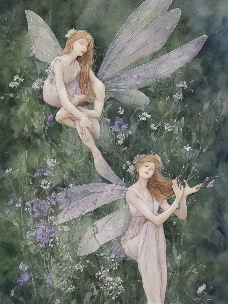 Image similar to study of a flower fairy, illustration, watercolor, alan lee, detailed, pretty, ethereal, realistic, artstation