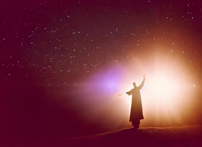 Image similar to a very good looking and dramatic sorcerer holds out their hand from which a blast of bright magic flies, on an empty moonlit hill, dramatic lighting, lens flare, 3 5 mm full frame professional photography, kodachrome