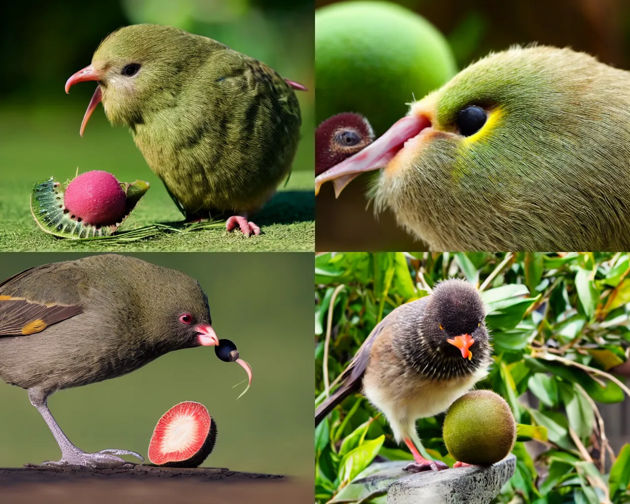 Prompt: a kiwi bird, eating a kiwi fruit