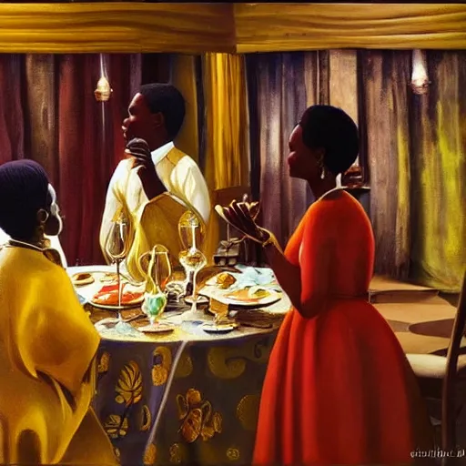 Prompt: dark skinned people eating at a regal buffet ultra detailed beautiful setting elegant event nigerian party minimalist gold ornaments iridescent lighting glamour traditional ceremony contemporary in the style of edward hooper and henri matisse yinka shonibare oil painting