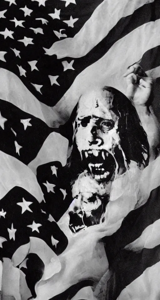 Image similar to ghost emerging from a politician, american flag, jesus christ crying in the background, lomo