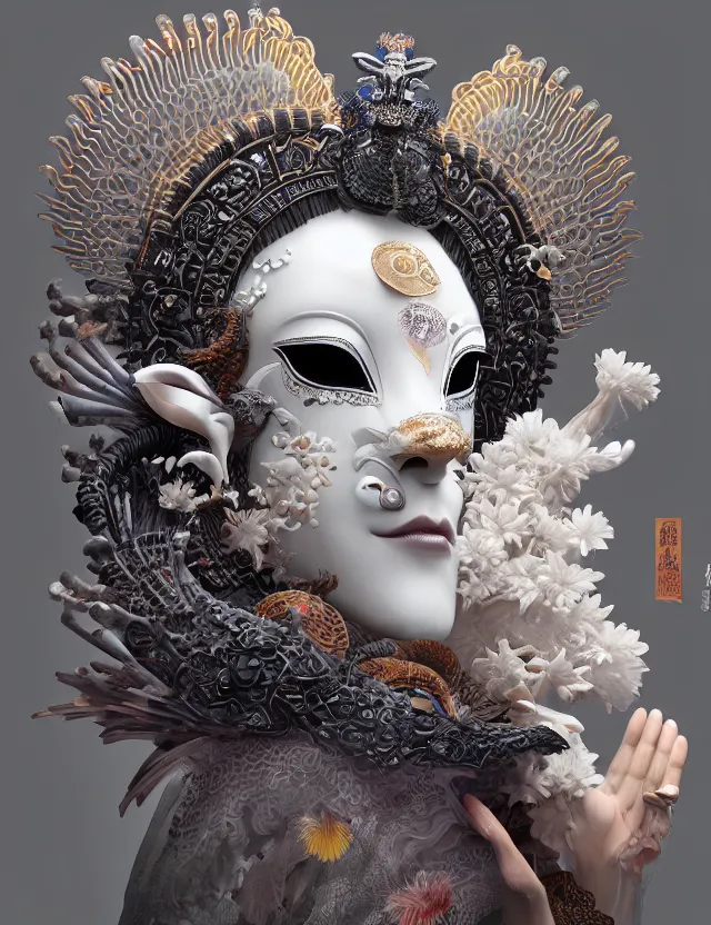 Image similar to 3 d goddess close - up profile portrait with crown, ram skull. beautiful intricately detailed japanese crow kitsune mask and clasical japanese kimono. betta fish, jellyfish phoenix, bio - luminescent, plasma, ice, water, wind, creature, artwork by tooth wu and wlop and beeple and greg rutkowski