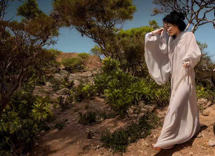 Image similar to beautiful oriental girl walks around Socotra among endemic plants, flowers and snags in a long transparent flowing dress and meets mystical animals, mystical insects, mystical birds, lizards, snakes, gorgeous, Atmosphere, hypnotic dimensions, mythology, Rococo, in the style of Jin Kagetsu, James Jean and wlop, Hieronymus Bosch style, Zdzislaw Beksinski style, sharp focus, intricate concept art, ambient lighting, 4k, hdt, artstation trending on Gsociety, trending on ArtstationHQ, hyper quality, 16K