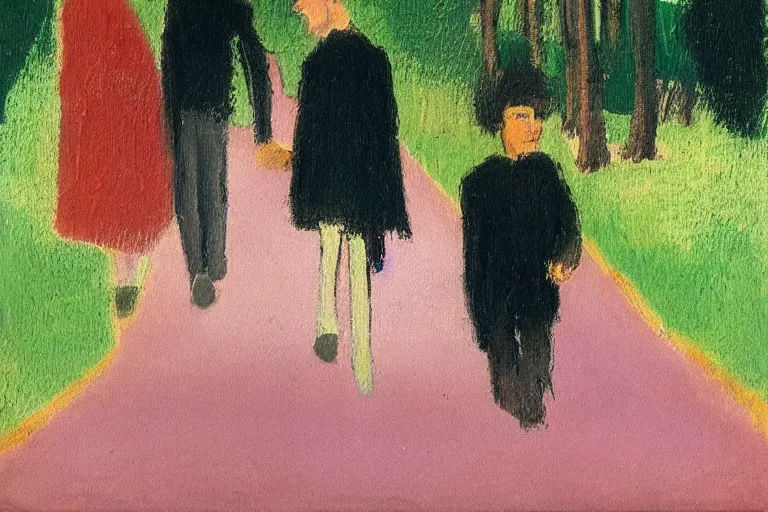 Image similar to a tall man with dark hair holding the hands of a small boy with dark hair as they walk down a suburban highway on a bright beautiful colorful day. part in the style of an edgar degas painting. part in the style of david hockney