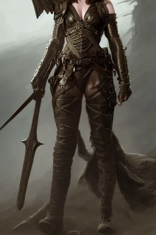 Prompt: full - body portrait of emily blunt as a ranger, metal breastplate, magical, high fantasy, d & d, by john collier, face details, extremely detailed, digital illustration