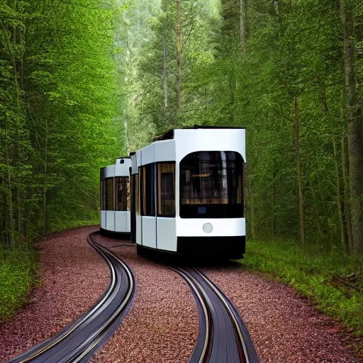 Image similar to Tram line in a forest, 8k UHD, high quality, studio photo,