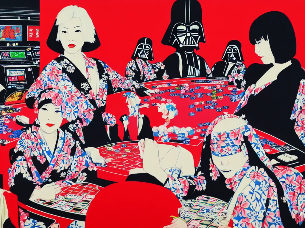 Image similar to hyperrealistim composition of the detailed single woman in a japanese kimono sitting at a extremely detailed poker table with darth vader, fireworks, river on the background, pop - art style, jacky tsai style, andy warhol style, acrylic on canvas