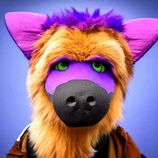 Image similar to A bust photograph taken at a furry convention of a purple dog fursuit with alien antennas