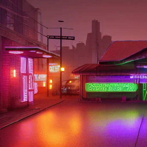 Image similar to cybernetic neon lit ndebele homestead seen from the front, street scene in blade runner, highly detailed, octane rendered