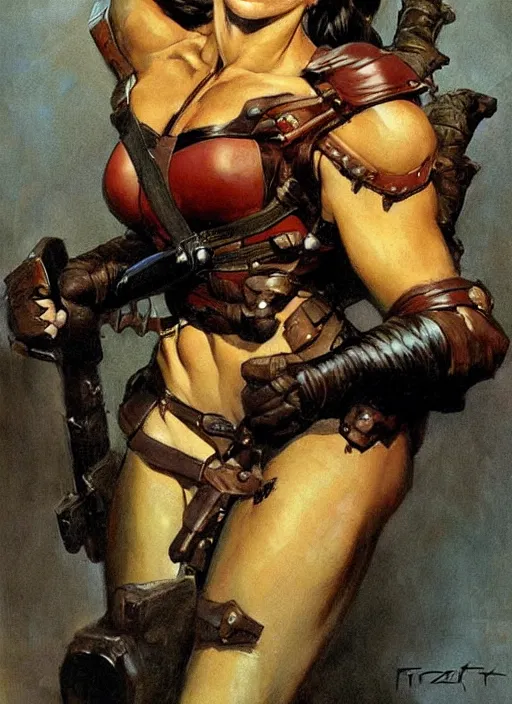 Image similar to portrait of strong female ranger, beautiful! coherent! by frank frazetta, by brom, strong line, deep color, leather armor, short buzzed hair, high contrast