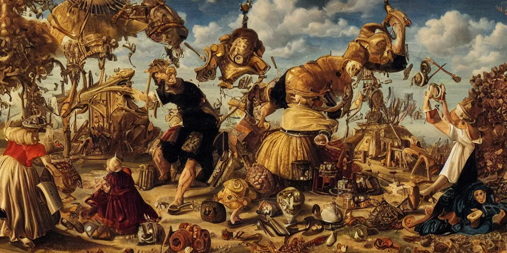 Prompt: refined dutch golden age photo pop surreal disturbing masterpiece in the style of robert williams,