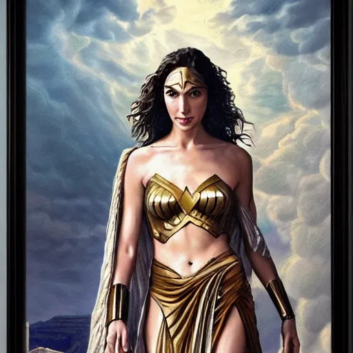 Prompt: Full body oil painting of the beautiful woman Gal Gadot, she is wearing some withe ancient roman cloths and a surreal ornate, her hair is natural disheveled, she is approaching heaven, she is in the Parthenon in Athens while people are claiming for her, she is attracting lightnings, aerial view, naturalism, dramatic lighting, high-detailed oil painting by Ilya Repin, Michelangelo da Caravaggio, William Blake, Alex Grey and Beksinski, trending on Artsatio, hystorical painting, masterpiece, 4k, 8k,