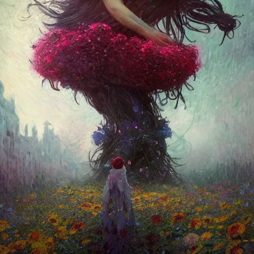 Image similar to a gigantic beautiful terrifying monster made of flowers looms over a tiny human. ethereal horror fantasy art by greg rutkowski and magali villanueve and monet