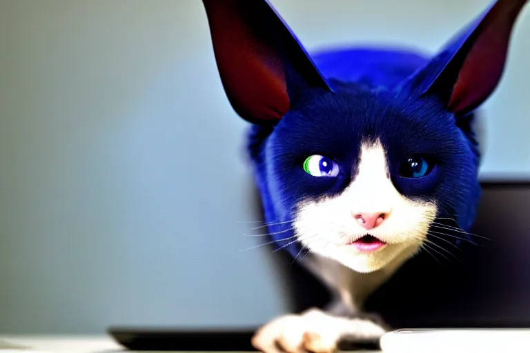 Image similar to a blue - and - black male catbat fursona with blue / green heterochromatic eyes ( differently - colored eyes, one green, one blue ) and huge bat ears, photo of the catbat streaming on his computer