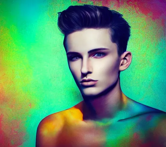 Image similar to extremely beautiful young man with hyperealistic glossy eyes, digital art, colourful background seductive.