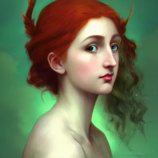 Image similar to a beautiful stunning fantasy whimsical matte digital portrait illustration of a pretty womam with bright green eyes and fiery red hair with a green bird on her shoulder, in the style of William Adolphe-Bouguereau and Marc Simonetti, magic the gathering, trending on artstation, contest winner