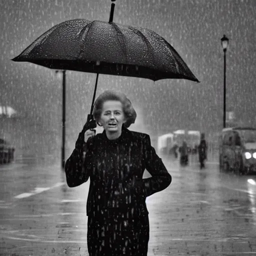 Image similar to margaret thatcher in rain rain rain drenched moist, hyper realistic cinematic color still volumetric lighting london background