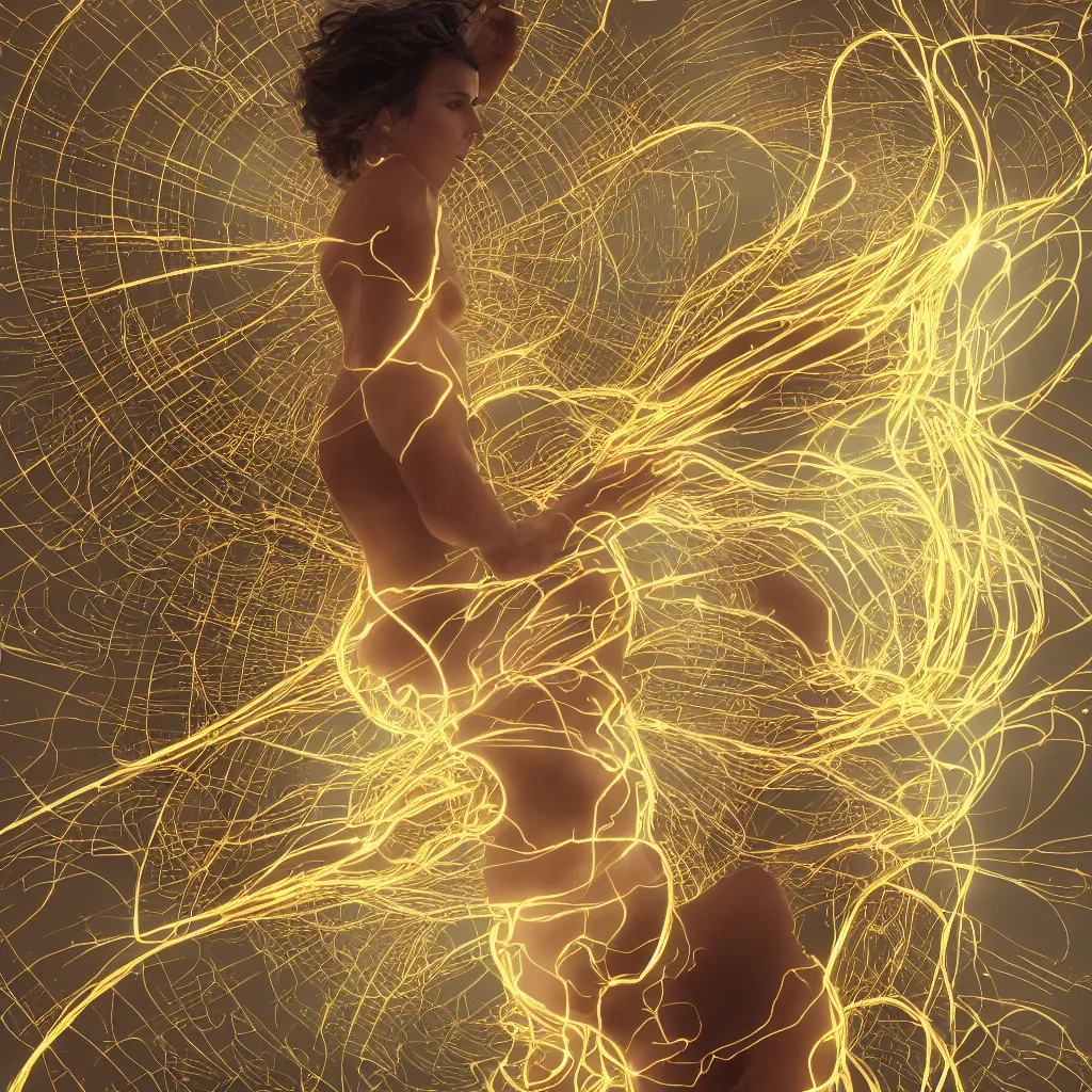 Image similar to radiant human body with thin golden lines, sparks, white cloth, electric wires and electronics, Art Nouveau, Alphonse Mucha, cinematic realistic photo, octane render