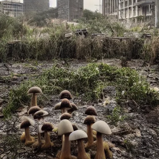 Prompt: beautiful dystopian deserted overgrown city mushroom people surviving