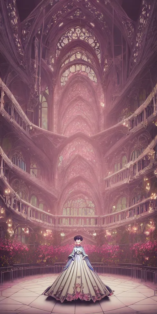 Image similar to the beautiful hyperdetailed physical rendering of a single rose wedding gothic lolita dress clothing design display in exhibition hall, perfectly shaded, atmospheric lighting, in the style of makoto shinkai, raphael lacoste louis comfort tiffany, stanley artgerm lau, wlop, rossdraws, 8 k hd, 3 drender