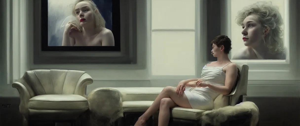 Prompt: meredit frampton sitting on a white leather chair, head and shoulders portrait, stormy weather, extremely detailed masterpiece, oil on canvas, low-key neon lighting, artstation, Blade Runner 2049, Roger Deakin’s cinematography, by J. C. Leyendecker and Peter Paul Rubens and Edward Hopper and Michael Sowa