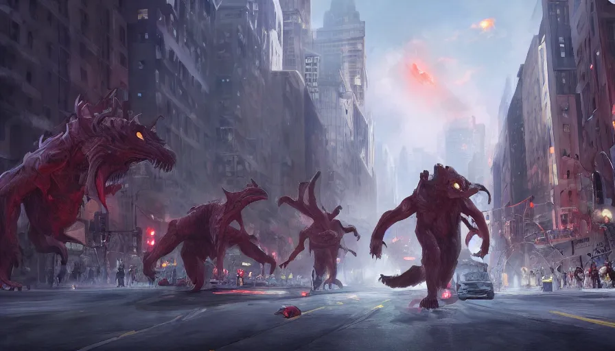 Prompt: Digital painting of people fleeing a giant monster attack in the streets in Chicago, hyperdetailed, artstation, cgsociety, 8k