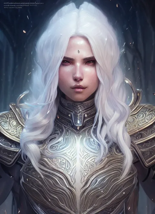 Prompt: light opal armor!!! long wild white hair!! covered chest!!! fantasy, d & d, intricate ornate details, symmetry, concept art, sharp focus, illustration, art by artgerm! greg rutkowski magali villeneuve wlop! ilya kuvshinov!!, octane render, unreal engine 5, highly rendered!!