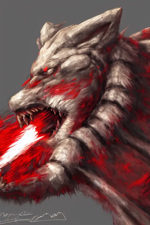 Prompt: Draconic crimson red bear with white stripes, Monster Hunter, CAPCOM, HD, trending on artstation, D&D, Dark Fantasy, Epic Fantasy, Dragon's Dogma