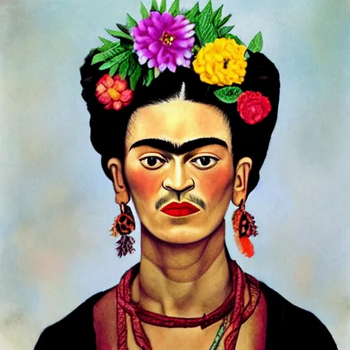 Prompt: a portrait of frida kahlo, with colorful flowers in her hair