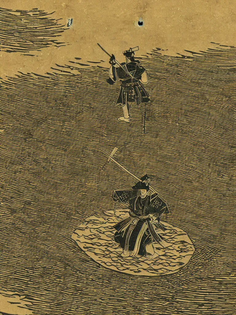 Image similar to old printmaking woodblock print of a samurai (in the middle of the composition, centered) with a katana standing in water with ripples around him, a big sun above. beautiful dark fantasy, 8k detail