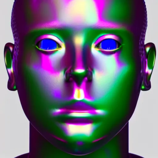 Image similar to 3d render of holographic human robotic head made of glossy iridescent, surrealistic 3d illustration of a human face non-binary, non binary model, 3d model human, cryengine, made of holographic texture, holographic material, holographic rainbow, concept of cyborg and artificial intelligence