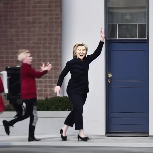 Image similar to large hillary clinton chasing after envelopes running away in fear, cctv footage