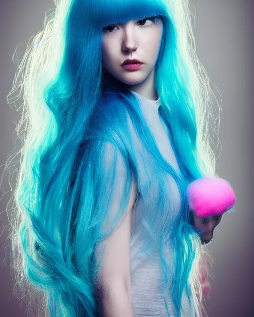 Image similar to a dramatic lighting photo of a beautiful young woman with cotton candy hair. with a little bit of cyan and pink