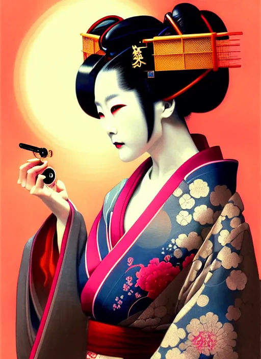 Image similar to sensual japanese geisha wearing vr eyepiece, intricate geisha kimono, robotic, android, cyborg, cyberpunk face, steampunk, fantasy, intricate, elegant, highly detailed, colorful, digital painting, cool warm lighting, artstation, concept art, art by artgerm and greg rutkowski and ruan jia,