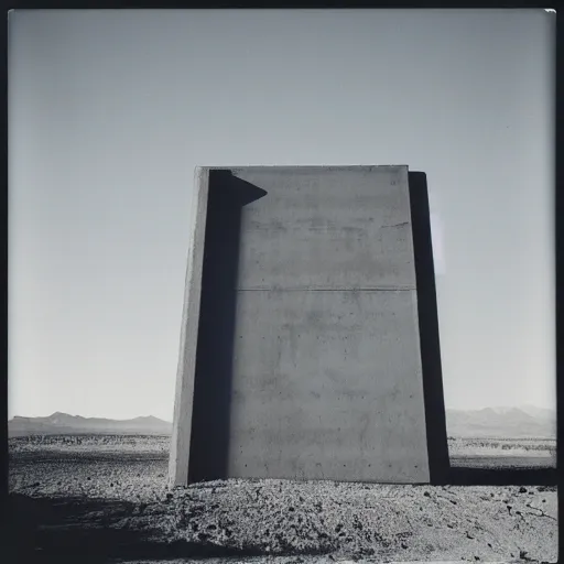 Image similar to impossibly large concrete structure in the distance, middle of the desert, minimalist architecture, megalophobia, foggy, old polaroid, expired film,