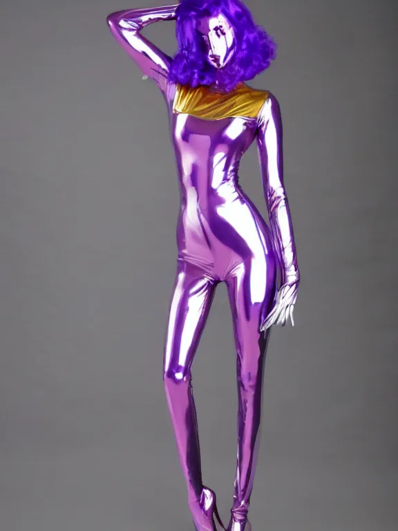 Image similar to very tight Translucent metallic mirror chrome purple and Gold latex crazy outfit on a gray plastic mannequin