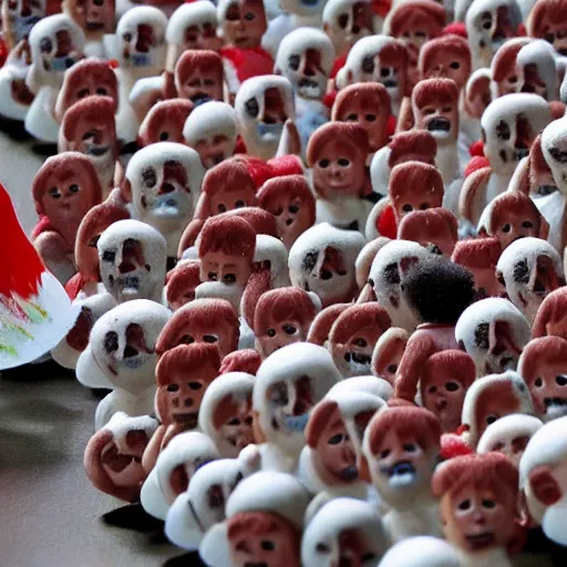 Image similar to the running of the screaming bob ross dolls in pamplona spain