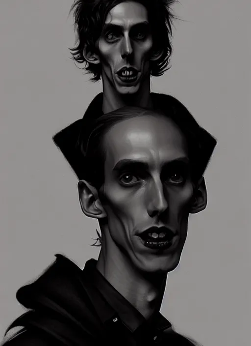 Image similar to portrait of a lanky man with a crooked nose and a confident expression, 1 9 6 0 s, black clothes, goth, punk, funk, intricate, elegant, highly detailed, digital painting, artstation, concept art, smooth, sharp focus, illustration, art by wlop, mars ravelo and greg rutkowski