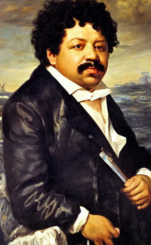 Image similar to Portrait of Alexandre Dumas, oil on canvas, highly detailed, by Delacroix, 8k